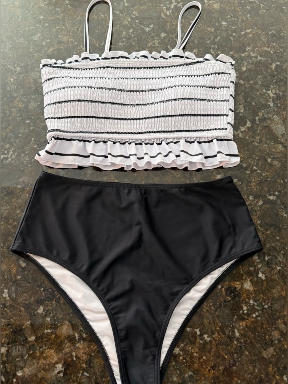 Striped Ruffle Smocked Bikini Top with High Waist Black Bottoms - Picture 3 of 8